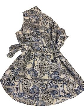 Banana Republic White and Blue One Shoulder Paisley Tie Waist Top Size Small
